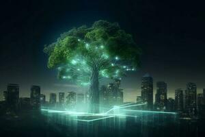 Digital tree glowing information. Generate Ai photo