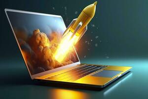 Launching a new product or service. Technology development process. Space rocket launch. 3d render. Yellow rocket lift up from the display laptop. AI Generative photo