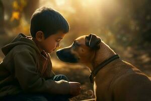 Child dog friends outdoor. Generate Ai photo