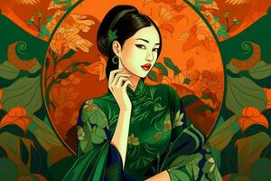 Chinese woman green dress illustration. Generate Ai photo