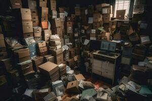 Cardboxes dirty room. Generate Ai photo