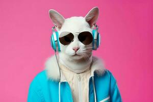 Cat sunglasses headphones pink wall. Generate Ai photo