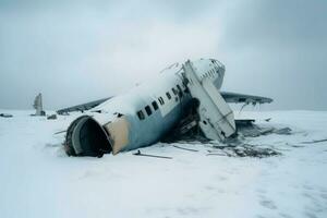 Crashed plane winter field. Generate Ai photo