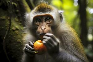 cerca arriba de mono comiendo Fruta en el selva. generativo ai foto