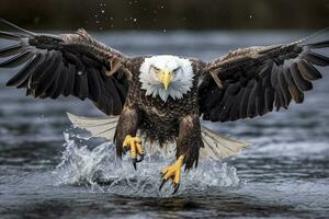 Fishing Bald Eagle, a bald eagle facing camera catches a fish out of the water, in the style of National Geographic contest winner, super telephoto close up. AI Generative photo