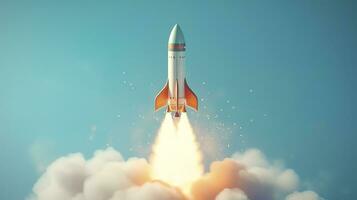 A small rocket takes off from a Laptop with vibrant color combinations in light sky blue and light gray colors for a website, business, and financial success concepts.  AI Generative photo