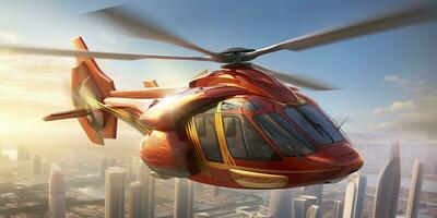 Helicopter in the Shape of Marvel Falcon Soars Against a Bright Background. AI Generative photo
