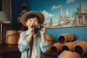 Asian boy with old binoculars. Generate Ai photo