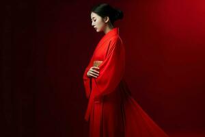 asiático mujer rojo vestir persona. generar ai foto