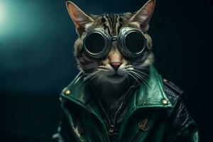 Cyberpunk cat with leather jacket. Generate Ai photo