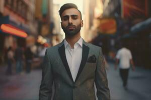 Pakistani guy street suit. Generate Ai photo