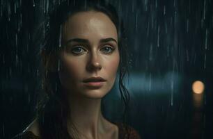 mujer oscuro pelo lluvia agua. generar ai foto