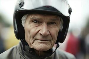 Aged man motorsport racer. Generate Ai photo