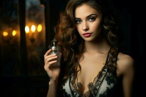 joven mujer perfume botella. generar ai foto