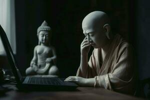 Buddha working laptop space. Generate Ai photo