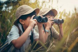 asiático niños explorador prismáticos. generar ai foto