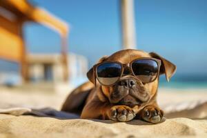 Dog Puppy wearing sunglasses, lying on a sunbed to sunbath at the beach sea on summer vacation, holidays. Funny concept. AI Generative photo