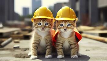 Two kittens wearing hard hats on a construction site. Generative AI photo