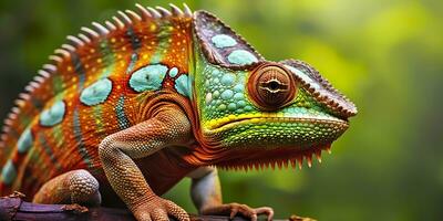 A colorful close up chameleon with a high crest on its head. Generative AI photo