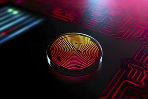 Fingerprint Authentication Button. Biometric Security. Identification and cyber security concept. Glowing neon fingerprint on dark background. AI Generative photo