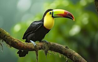 Chesnut mandibled Toucan sitting on the branch in tropical rain with a green jungle. Generative AI photo