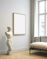 Mockup frame in contemporary Scandinavian living room interior, 3d render. AI Generative photo