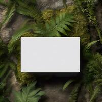 Blank business card on green leaves background. Generative AI photo