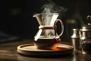 An alternative coffee brewing method is pure over, a glass teapot on a wooden tray. Generative AI photo