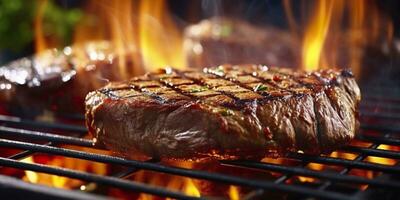 Beef ribeye steak grilling on a flaming grill. Generative AI photo