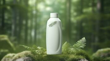 natural cosmetic product presentation backstage. outdoors forest placement. white blank jar shampoo bottle. 3d. AI Generative photo