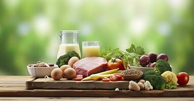 Closeup of vegetables, fruits, and meat on wooden table over green natural background. Generative AI photo