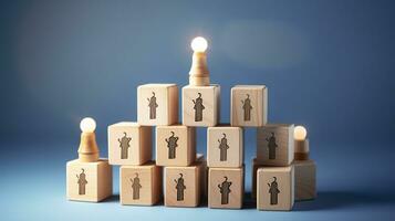 Many wooden cubes with people symbols and one with a lightbulb symbol on blue background. AI Generative photo