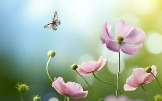 Fresco primavera Mañana en naturaleza y revoloteando mariposas en un suave verde antecedentes. generativo ai foto