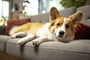 Beautiful, smart, calm purebred corgi dog lying on on sofa in living room. Generative AI photo