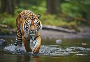 Amur tiger walking in the water. Dangerous animal.  Animal in a green forest stream. Generative AI photo