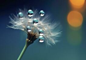 Beautiful dew drops on a dandelion seed macro. Beautiful blue background. Generative AI photo