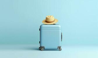 Blue suitcase with sunglasses on a pastel blue background. travel concept. Generative AI photo