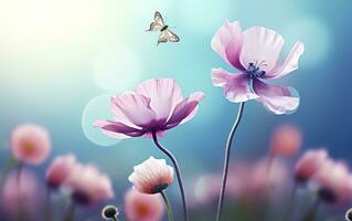 Fresco primavera Mañana en naturaleza y revoloteando mariposas en un suave verde antecedentes. generativo ai foto