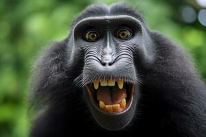 Celebes crested macaque with open mouth. Close up on the green natural background. Generative AI photo