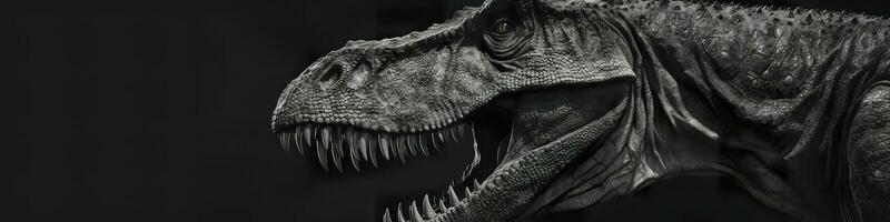 negro y blanco fotorrealista estudio retrato de un tiranosaurio rex en negro antecedentes. generativo ai foto