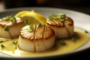 Closeup of pan seared diver scallops with lemon beurre blanc. Generative AI photo