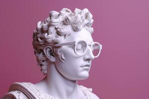 The head of a white mythological statue with fashionable pink glasses on his eyes, frame in profile. AI Generative photo