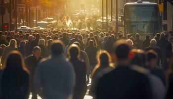 Crowd of people walking busy city street backlit. Generative AI photo