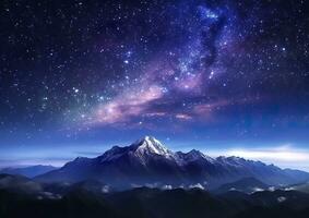 el lechoso creciente en el noche cielo terminado el montañas, paisajes, ai generativo foto