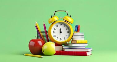 popular Arte ilustración de colegio accesorios con manzanas, libros, y un alarma reloj en el colegio antecedentes. espalda a colegio concepto. 3d representación, ai generativo foto