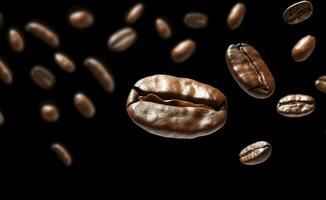 Coffee Bean flying on Black background, 3d illustration. Generative AI photo