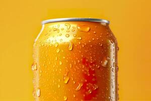 Can of fresh soda with water drops on orange background, closeup. Generative AI photo