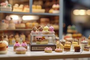 un gusto de dulzura. un popular mercado caja ciega pastel tienda con un limpiar antecedentes. ai generativo foto