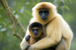 Close image of Cheeked Gibbon monkey mother with a child in the forest. Generative AI photo