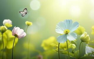 Fresco primavera Mañana en naturaleza y revoloteando mariposas en un suave verde antecedentes. generativo ai foto